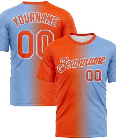 Custom Light Blue Orange-White Gradient Fashion Performance T-Shirt, For Football, Baseball, Hockey, Basketball, Softball & Rugby Fans