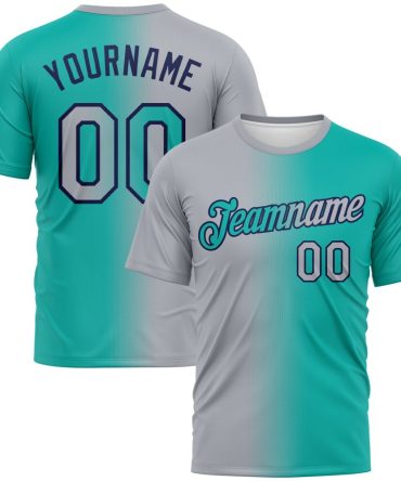 Custom Aqua Gray-Navy Gradient Fashion Performance T-Shirt, For Football, Baseball, Hockey, Basketball, Softball & Rugby Fans