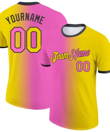 Custom Yellow Pink-Black Gradient Fashion Performance T-Shirt, For Football, Baseball, Hockey, Basketball, Softball & Rugby Fans