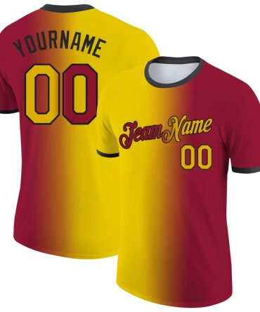 Custom Crimson Yellow-Black Gradient Fashion Performance T-Shirt, For Football, Baseball, Hockey, Basketball, Softball & Rugby Fans