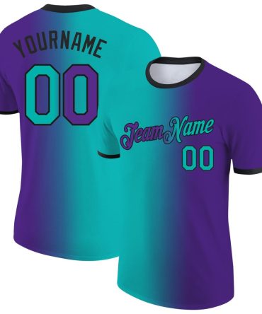 Custom Purple Aqua-Black Gradient Fashion Performance T-Shirt, For Football, Baseball, Hockey, Basketball, Softball & Rugby Fans