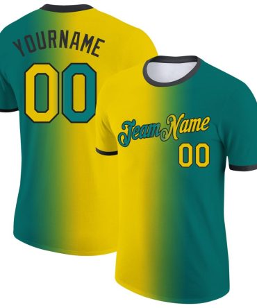 Custom Teal Yellow-Black Gradient Fashion Performance T-Shirt, For Football, Baseball, Hockey, Basketball, Softball & Rugby Fans