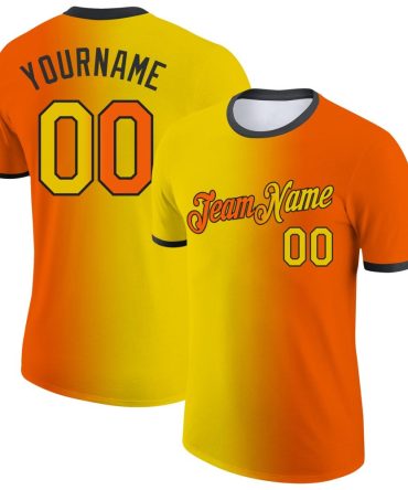 Custom Orange Yellow-Black Gradient Fashion Performance T-Shirt, For Football, Baseball, Hockey, Basketball, Softball & Rugby Fans