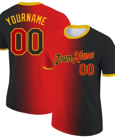 Custom Black Red-Gold Gradient Fashion Performance T-Shirt, For Football, Baseball, Hockey, Basketball, Softball & Rugby Fans