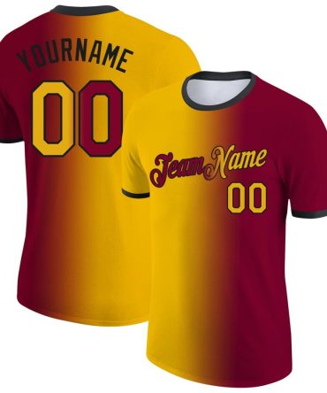 Custom Maroon Gold-Black Gradient Fashion Performance T-Shirt, For Football, Baseball, Hockey, Basketball, Softball & Rugby Fans