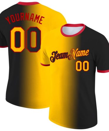 Custom Black Gold-Red Gradient Fashion Performance T-Shirt, For Football, Baseball, Hockey, Basketball, Softball & Rugby Fans
