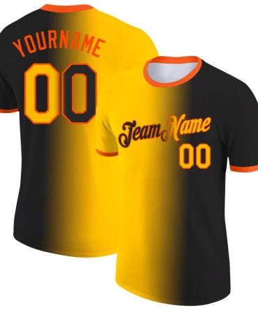 Custom Black Gold-Orange Gradient Fashion Performance T-Shirt, For Football, Baseball, Hockey, Basketball, Softball & Rugby Fans