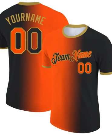 Custom Black Orange-Old Gold Gradient Fashion Performance T-Shirt, For Football, Baseball, Hockey, Basketball, Softball & Rugby Fans