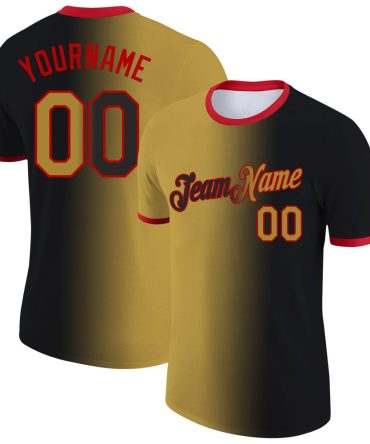 Custom Black Old Gold-Red Gradient Fashion Performance T-Shirt, For Football, Baseball, Hockey, Basketball, Softball & Rugby Fans