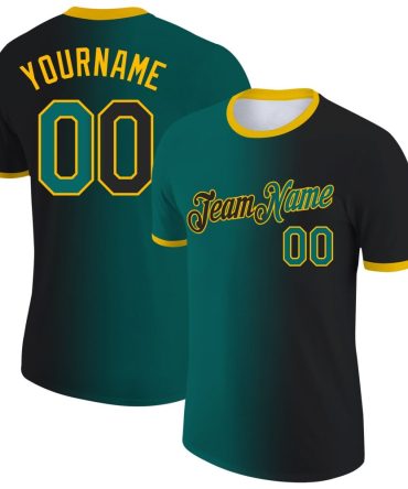 Custom Black Teal-Gold Gradient Fashion Performance T-Shirt, For Football, Baseball, Hockey, Basketball, Softball & Rugby Fans
