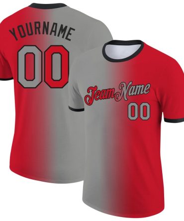 Custom Red Gray-Black Gradient Fashion Performance T-Shirt, For Football, Baseball, Hockey, Basketball, Softball & Rugby Fans