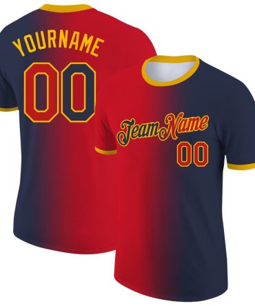Custom Navy Red-Gold Gradient Fashion Performance T-Shirt, For Football, Baseball, Hockey, Basketball, Softball & Rugby Fans