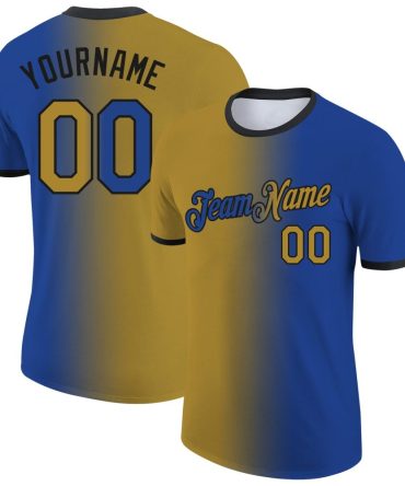 Custom Royal Old Gold-Black Gradient Fashion Performance T-Shirt, For Football, Baseball, Hockey, Basketball, Softball & Rugby Fans