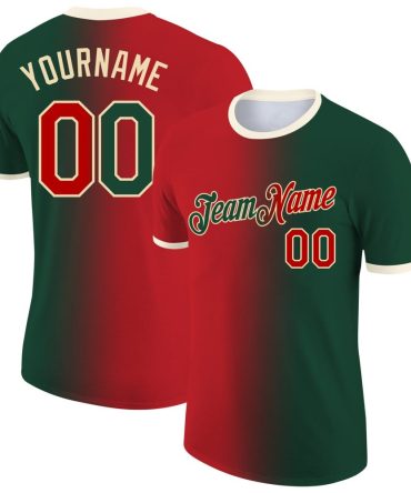 Custom Green Red-Cream Gradient Fashion Performance T-Shirt, For Football, Baseball, Hockey, Basketball, Softball & Rugby Fans