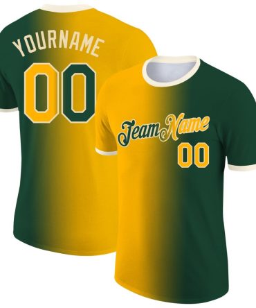 Custom Green Gold-Cream Gradient Fashion Performance T-Shirt, For Football, Baseball, Hockey, Basketball, Softball & Rugby Fans