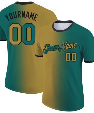 Custom Teal Old Gold-Black Gradient Fashion Performance T-Shirt, For Football, Baseball, Hockey, Basketball, Softball & Rugby Fans