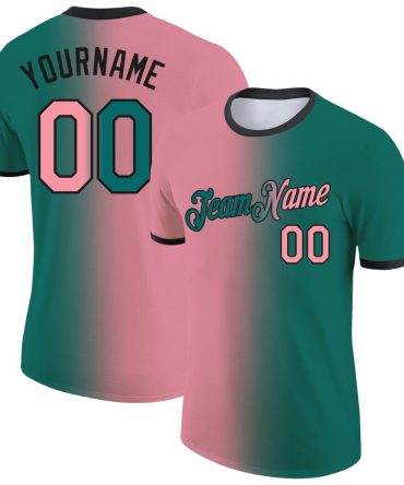 Custom Teal Medium Pink-Black Gradient Fashion Performance T-Shirt, For Football, Baseball, Hockey, Basketball, Softball & Rugby Fans
