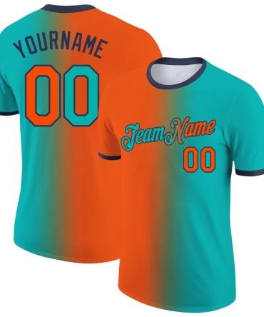 Custom Aqua Orange-Navy Gradient Fashion Performance T-Shirt, For Football, Baseball, Hockey, Basketball, Softball & Rugby Fans