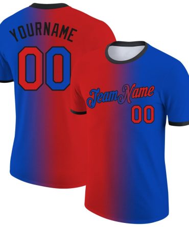 Custom Thunder Blue Red-Black Gradient Fashion Performance T-Shirt, For Football, Baseball, Hockey, Basketball, Softball & Rugby Fans