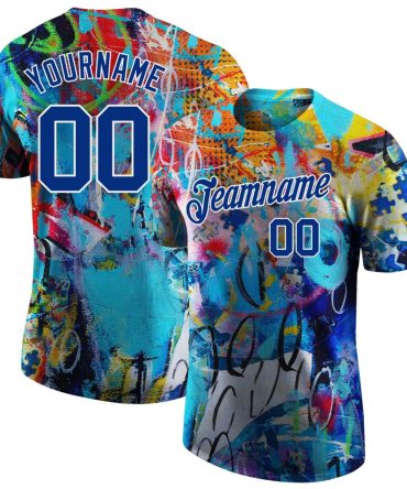 Custom Graffiti Pattern Royal-White 3D Performance T-Shirt, For Football, Baseball, Hockey, Basketball, Softball & Rugby Fans