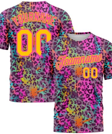 Custom Graffiti Pattern Gold-Pink 3D Colorful Leopard Performance T-Shirt, For Football, Baseball, Hockey, Basketball, Softball & Rugby Fans