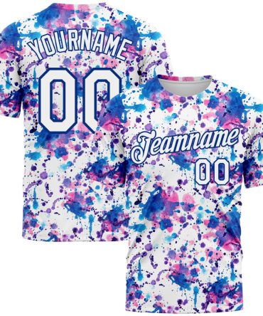 Custom Graffiti Pattern White-Royal 3D Abstract Watercolor Performance T-Shirt, For Football, Baseball, Hockey, Basketball, Softball & Rugby Fans