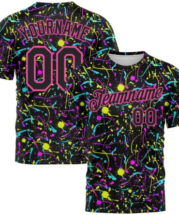Custom Graffiti Pattern Black-Pink 3D Neon Splatter Performance T-Shirt, For Football, Baseball, Hockey, Basketball, Softball & Rugby Fans