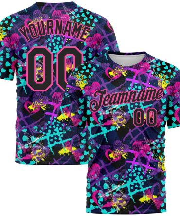 Custom Graffiti Pattern Black-Pink 3D Creative Hearts Stars Geometric Figures Performance T-Shirt, For Football, Baseball, Hockey, Basketball, Softball & Rugby Fans