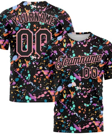 Custom Graffiti Pattern Black-Medium Pink 3D Expressive Splatter Performance T-Shirt, For Football, Baseball, Hockey, Basketball, Softball & Rugby Fans