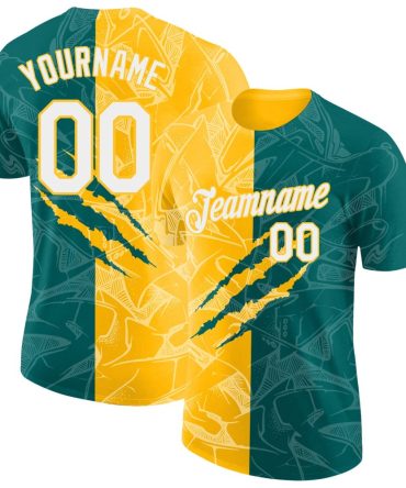 Custom Graffiti Pattern White Teal-Gold Scratch 3D Performance T-Shirt, For Football, Baseball, Hockey, Basketball, Softball & Rugby Fans