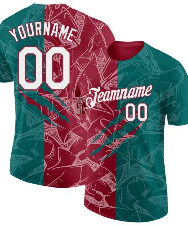 Custom Graffiti Pattern White Teal-Crimson Scratch 3D Performance T-Shirt, For Football, Baseball, Hockey, Basketball, Softball & Rugby Fans