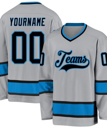 Custom Gray Black-Blue Hockey Jersey, Gift For Hockey Fans