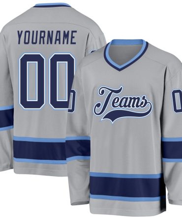 Custom Gray Navy-Light Blue Hockey Jersey, Gift For Hockey Fans