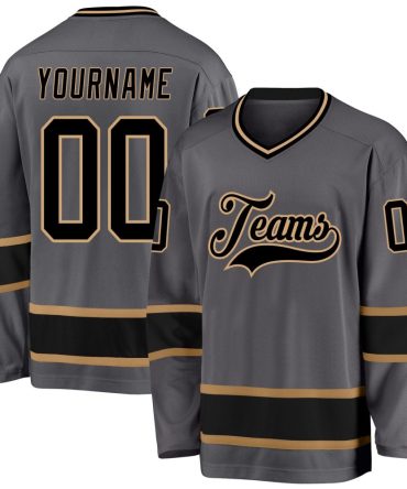 Custom Steel Gray Black-Old Gold Hockey Jersey, Gift For Hockey Fans