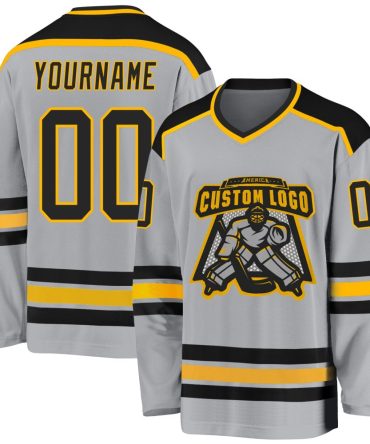 Custom Gray Black-Gold Hockey Jersey, Gift For Hockey Fans