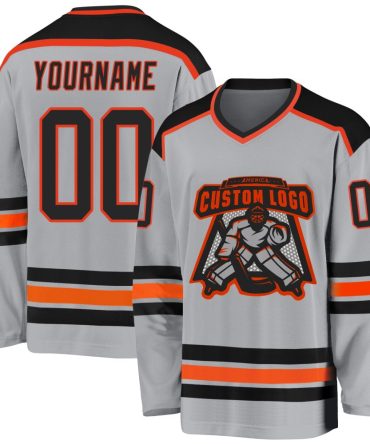 Custom Gray Black-Orange Hockey Jersey, Gift For Hockey Fans