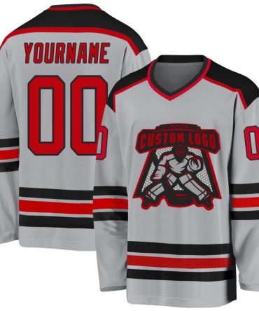 Custom Gray Red-Black Hockey Jersey, Gift For Hockey Fans