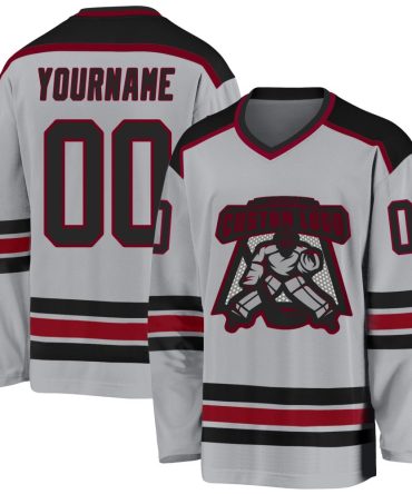 Custom Gray Black-Maroon Hockey Jersey, Gift For Hockey Fans