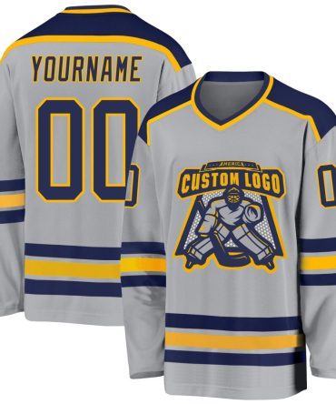 Custom Gray Navy-Gold Hockey Jersey, Gift For Hockey Fans