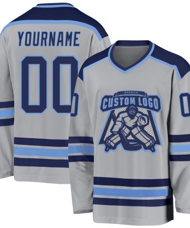Custom Gray Navy-Light Blue Hockey Jersey, Gift For Hockey Fans