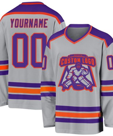Custom Gray Purple-Orange Hockey Jersey, Gift For Hockey Fans