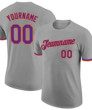 Custom Gray Purple-Orange Performance T-Shirt, For Football, Baseball, Hockey, Basketball, Softball & Rugby Fans