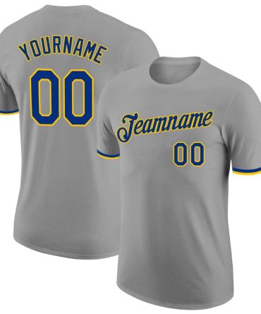 Custom Gray Royal-Gold Performance T-Shirt, For Football, Baseball, Hockey, Basketball, Softball & Rugby Fans
