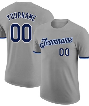 Custom Gray Navy-White Performance T-Shirt, For Football, Baseball, Hockey, Basketball, Softball & Rugby Fans
