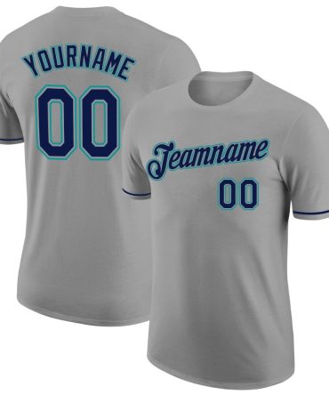 Custom Gray Navy-Teal Performance T-Shirt, For Football, Baseball, Hockey, Basketball, Softball & Rugby Fans