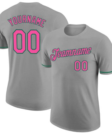 Custom Gray Pink-Kelly Green Performance T-Shirt, For Football, Baseball, Hockey, Basketball, Softball & Rugby Fans