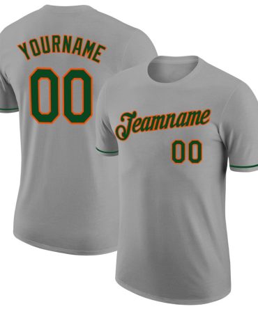 Custom Gray Green-Orange Performance T-Shirt, For Football, Baseball, Hockey, Basketball, Softball & Rugby Fans