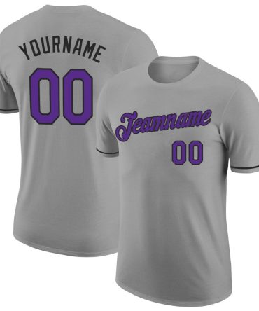 Custom Gray Purple-Black Performance T-Shirt, For Football, Baseball, Hockey, Basketball, Softball & Rugby Fans