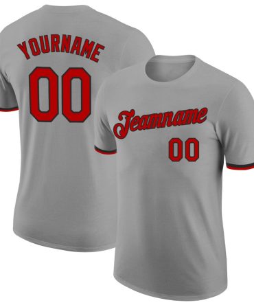 Custom Gray Red-Black Performance T-Shirt, For Football, Baseball, Hockey, Basketball, Softball & Rugby Fans