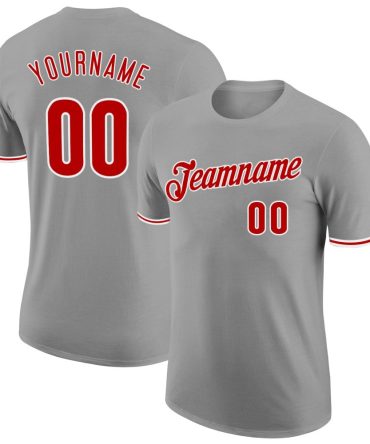 Custom Gray Red-White Performance T-Shirt, For Football, Baseball, Hockey, Basketball, Softball & Rugby Fans
